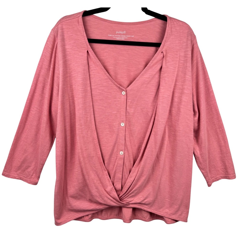 Pure Jill Cross‎ Front Top Women Medium Pink Cotton Modal Twist Hem V-neck